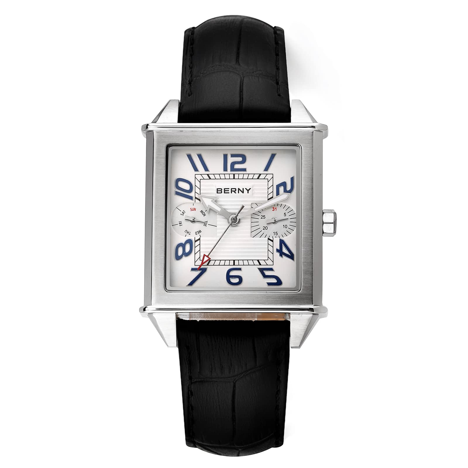BERNY Square Watches for Men Quartz Watch Rectangular Calendar Leather Strap Watch, Silver White, Square, Rectangle; Leather; Sliver (B07CKR2KWT) Amazon Price History, Amazon Price Tracker