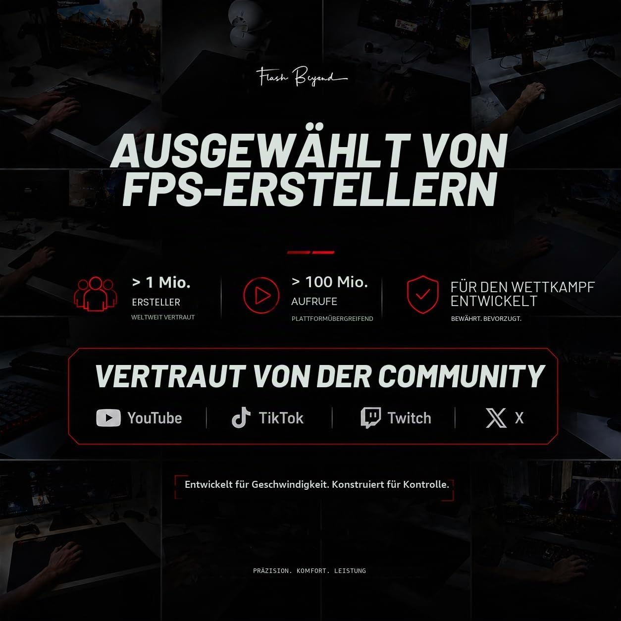 Flash Beyond Glass Gaming-Mauspad – Premium-Glas-Pad mit Rutschfester Gummiunterseite – Glatte, präzise Tracking, langlebige Oberfläche für High-Speed-Gaming, ideal für FPS-Spieler (Schwarz, Mitte 40