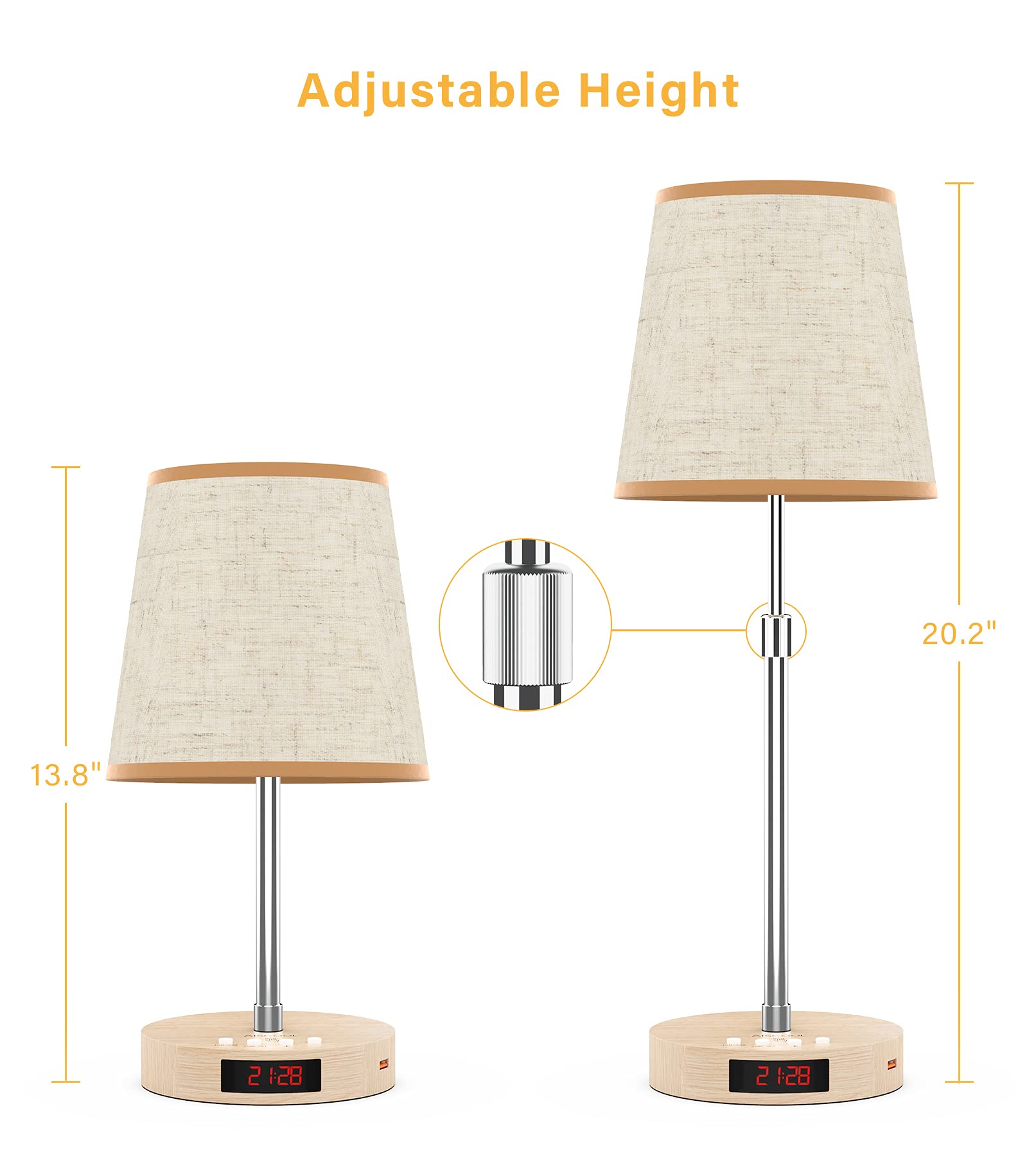 AISCOOL Bedside Table Lamp with Clock and Adjustable Stand, Stepless