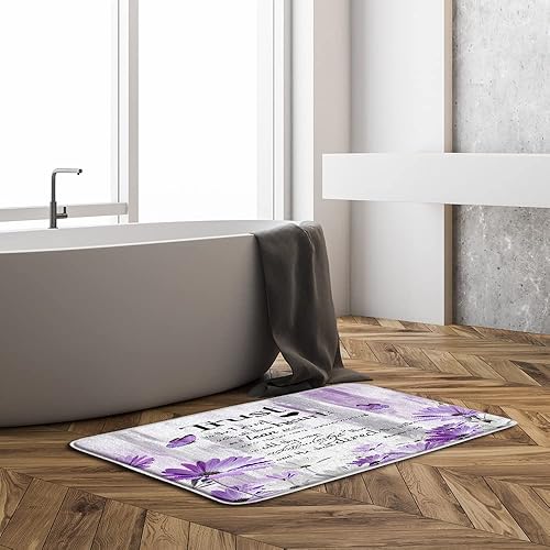 Miniatura 2 de Sunhe Tapete de baño con cita inspiradora, diseño de margaritas moradas, mariposa, confianza en el Señor, pintura abstracta, impresión de granja,