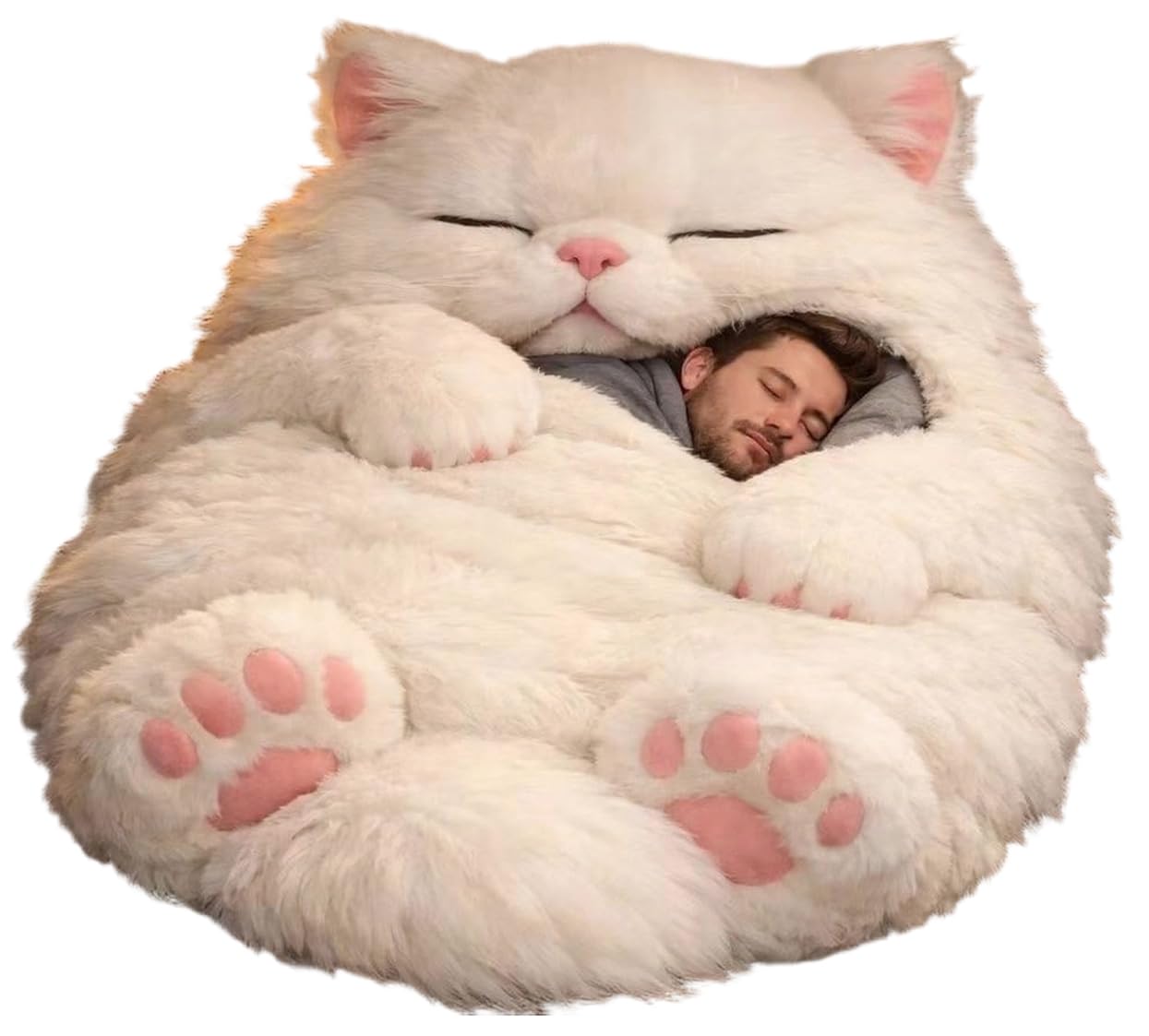 Giant Fluffy Cat Sleeping Bag for Adults - Soft Plush Cat Shaped Sleeping Bag for Human, Cozy & Warm Envelope Style Blanket Animal Shaped Sleep Bags