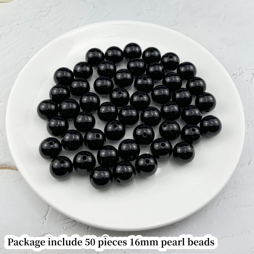 50pcs Pearl Beads for Crafts 16mm Resin Pearl for Jewelry Making Round Bulk Pearls Beads with Hole for Sewing Crafts Decoration Necklaces Bracelets Earrings Making(Black) - Image 2