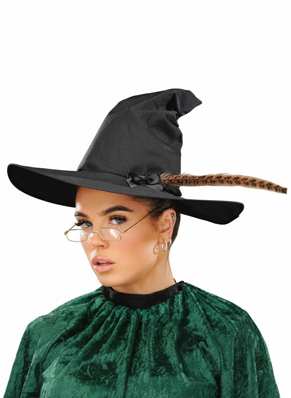 Adult Size McGonagall Style Professor Witch Hat with Feather Black