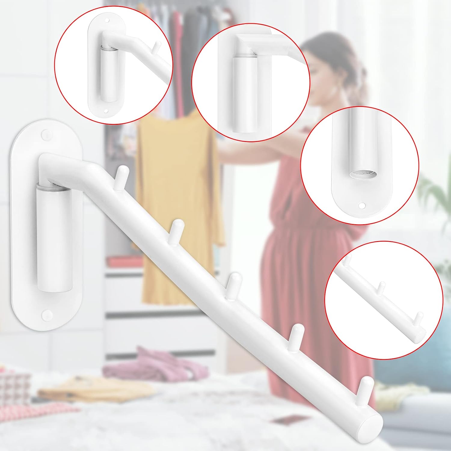 Sumnacon Clothes Hanger Rack，Wall Mount Garment Hook with Swing Arm，White | Sturdy Stainless Steel Coat Robe Storage Organizer for Laundry Room Clothing Drying Rack with 5 Hooks for Closet