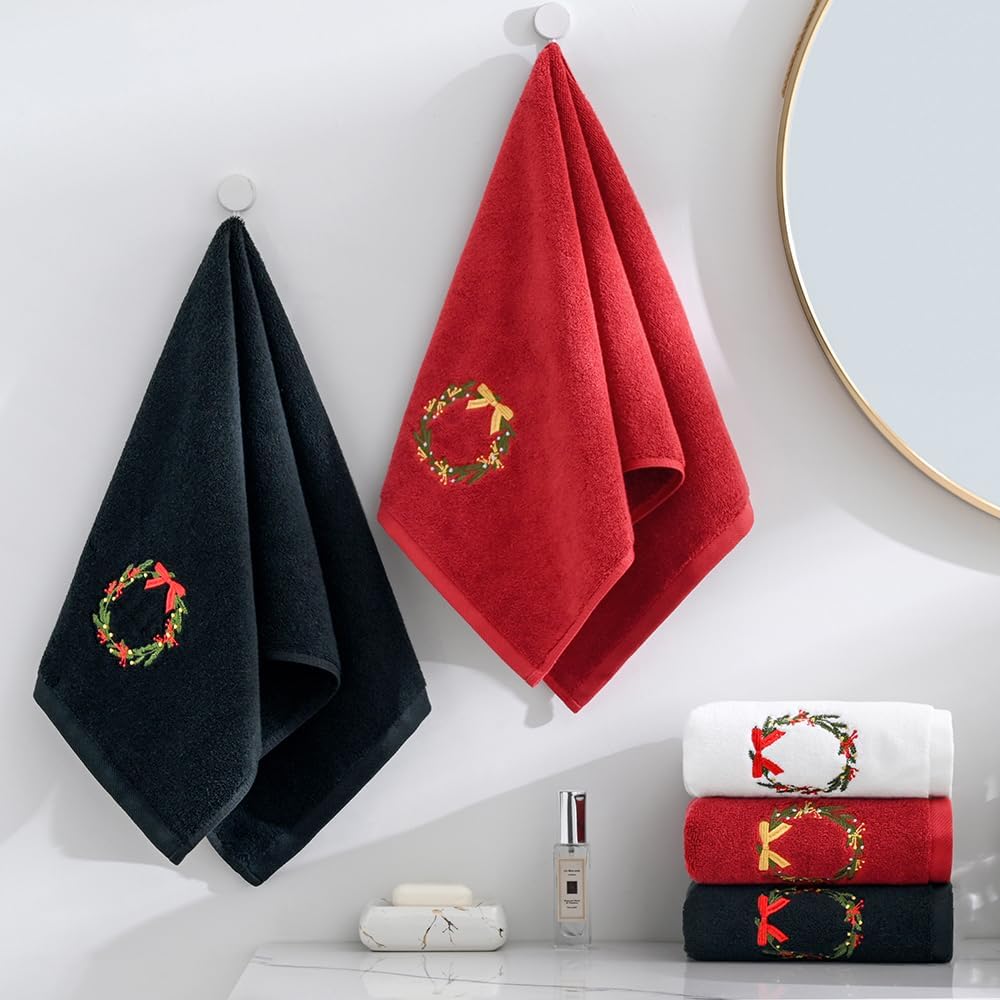 sense gnosis White Hand Towel Set of 2 Premium 100% Cotton Thick Ultra Soft Highly Absorbent Christmas Wreath Embroidered Luxury Hand Towels for Bathroom Decorative 13 X 29 Inch - Image 7