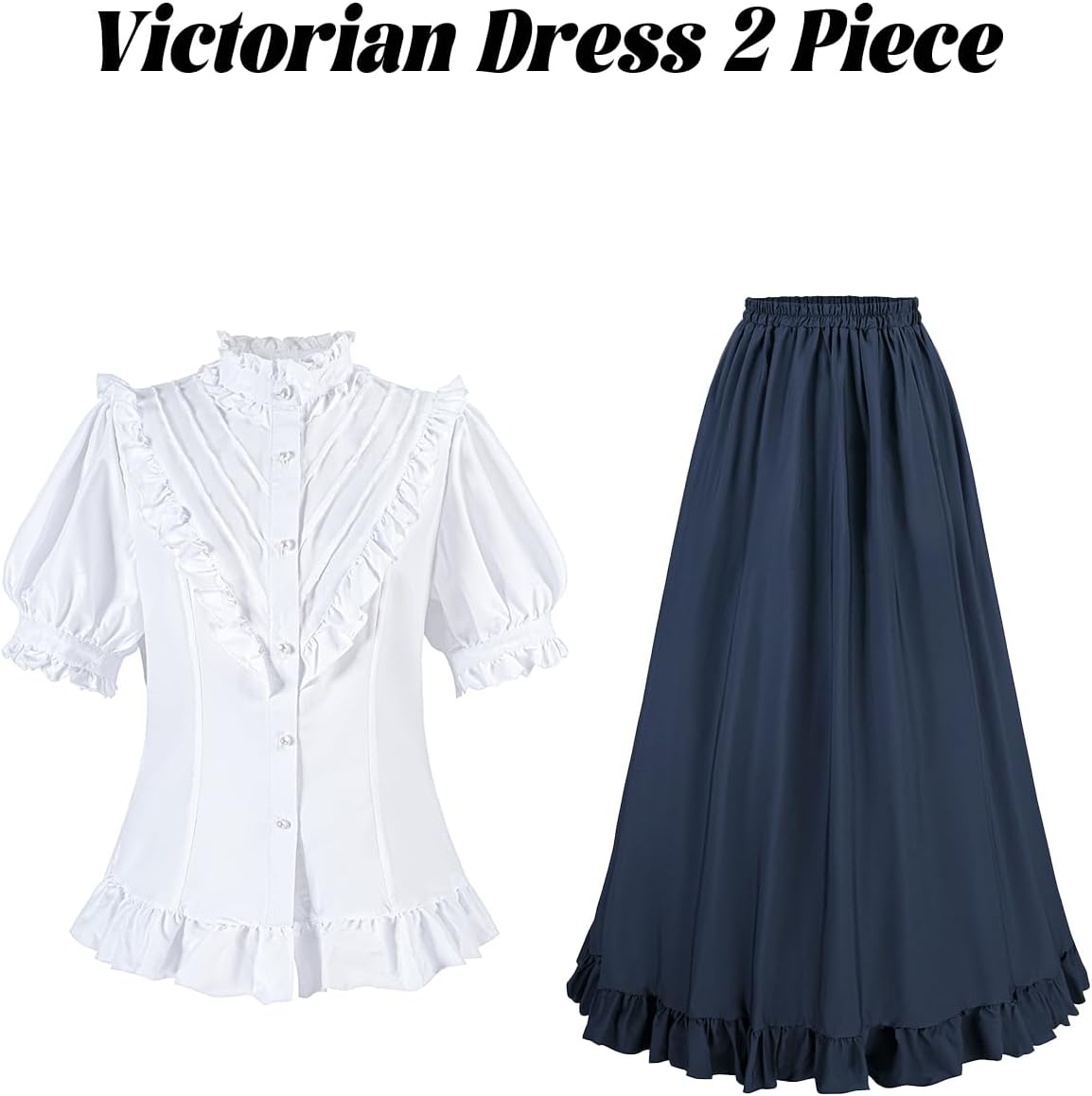 Nuoqi Womens Victorian Dress 2 Piece 1800s Edwardian Costume Vintage Short Sleeve Blouse Long Skirt - Image 6