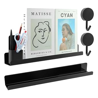 2 Pcs Magnetic Book Shelf for Whiteboard, Magnetic Book Holder File Rack with a Pen Container and Two Hook Acrylic Book Shelves Metal Floating Book Display Shelf for Teacher Kids Room Office