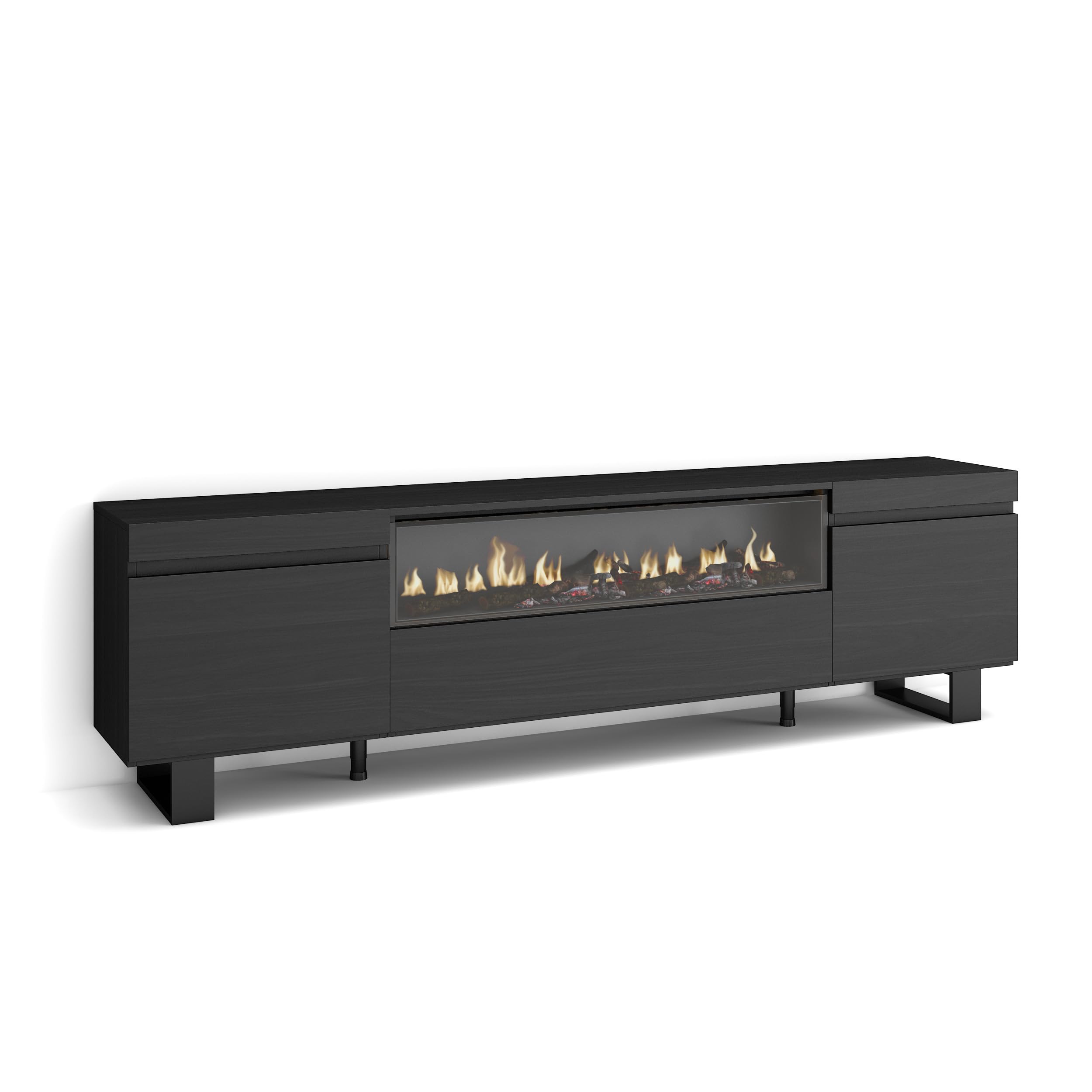 Skraut Home | Mueble TV | Televisión | Muebles de salón, almacenaje | 200x57x35cm | para TV hasta 80" | Chimenea eléctrica | Diseño Industrial | Estilo Moderno | Negro