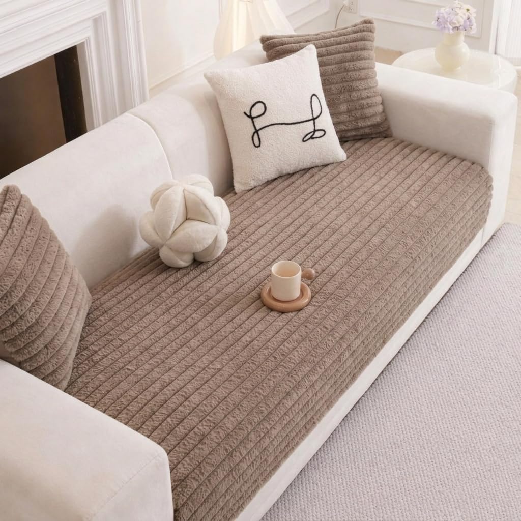 HOMETHREADS 600GSM Thick & Soft Rabbit Fur Plush Sofa Cover–Luxurious Cozy Slipcover, Washable & Pet-Friendly, Anti-Scratch Protector for Sofas (Khaki, 1 Seater | 70x70cm)-image-18