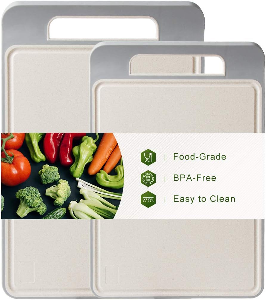 Kitchen Cutting Boards Set Wheat Cereal Fiber Chopping Board Set of 2 with Juice Grooves Easy-Grip Handles Non-Slip Feet (Set of 2, Light Brown)