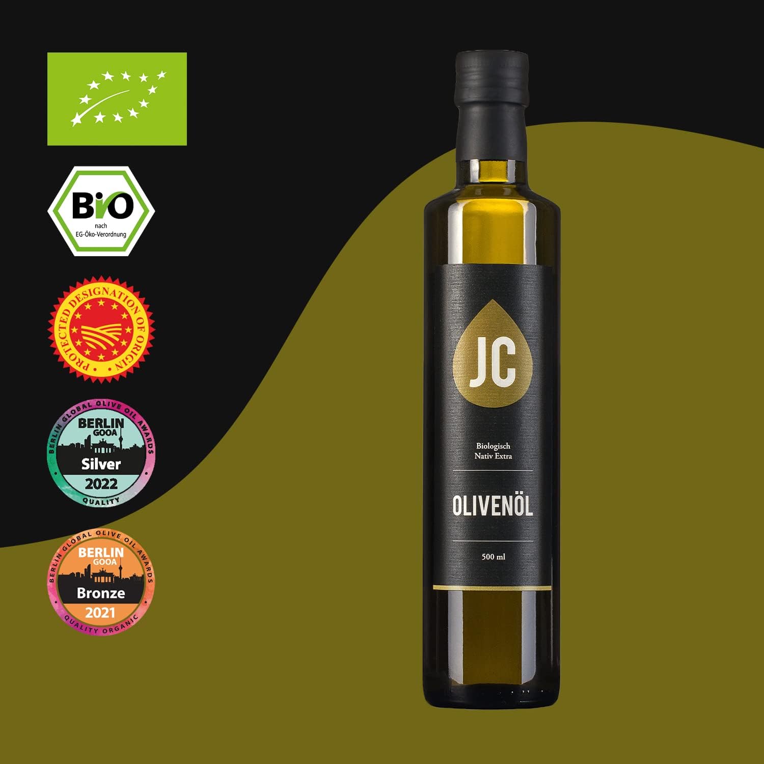 JC Griechisches Natives Olivenöl Extra - BIO Premium Qualität - Kalamata PDO - in 4 Größen (500 ml) - DE-ÖKO-009