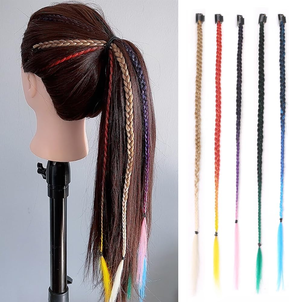 Braid Hair Extensions, 5 PCS Baby Braids Front Side Bangs Clip in Hair Extensions Long Braided Hair Piece Natural Soft Synthetic Hair for Women 22 Inch Rainbow Ombre Color (Mix Color)