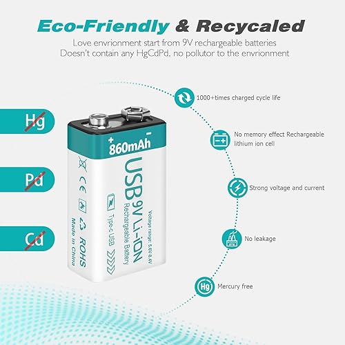 Miniatura 5 de Batería recargable de litio USB de 9 V de 860 mAh con cable de carga 4 en 1, baterías de 9 voltios 6f22 para detectores de humo (paquete de 8)