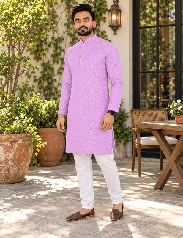 Image of Men's Lakhnawi Chikankari Kurta Set Cotton Ethnic Kurta Pajama for Men Wedding Festive Designer Indian Outfit Stylish Embroidered Kurta Set