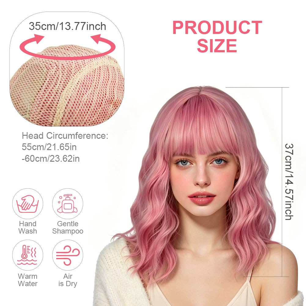 Aomig Krótka falista kwadratowa peruka z grzywką, falowana peruka Bob, krótkie proste peruki, naturalne włosy syntetyczne dla kobiet, na co dzień, na imprezę cosplay, różowa