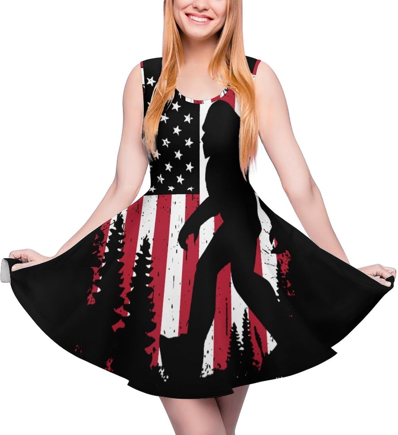 Bigfoot and American Flag Summer Dresses for Women Sleeveless Beach Sundress Swing Mini Tank Dress 5X-Large