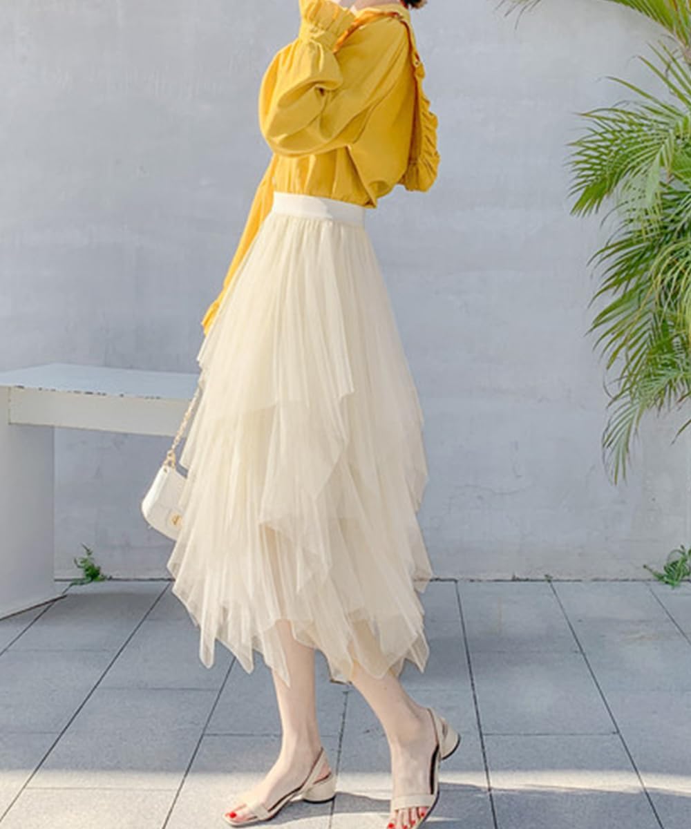 Tulle Skirts for Women Midi Long Fairy Skirt Tutu A-Line Mesh Layered High Elastic Waist Halloween Skirts - Image 4
