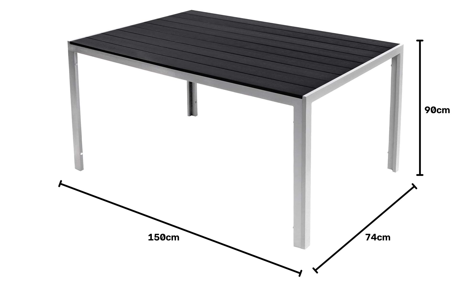 Schöner Aluminium Gartentisch Non Wood Esstisch Gartenmöbel Tisch Silber/Schwarz Holzimitat wetterfest 150x90x74cm