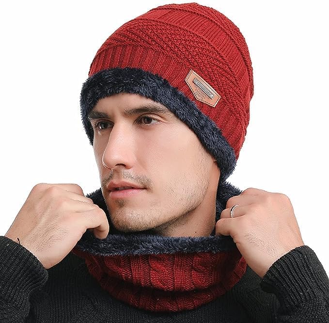 Buy for Happiness Woolen Beanie/Skull Cap & Neck Warmer (Muffler) Combo For Winters With InSide Fur | Warm Hat | Hedging Hat Scarf Set |Air Proof Cap-image-2