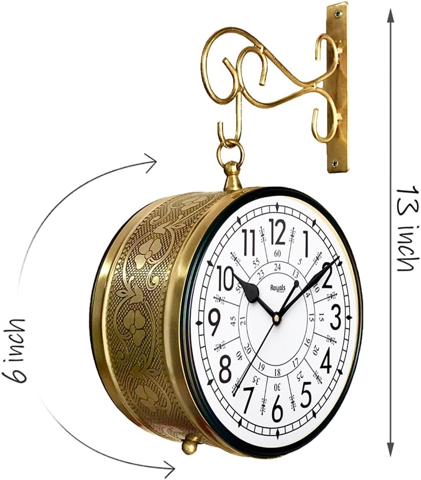 Double Sided Metal Vintage Station Analog Hanging Wall Clock for Home and Living Room with Antique Golden and 24 Hours Dials on Both Sides [KTWCGN6]