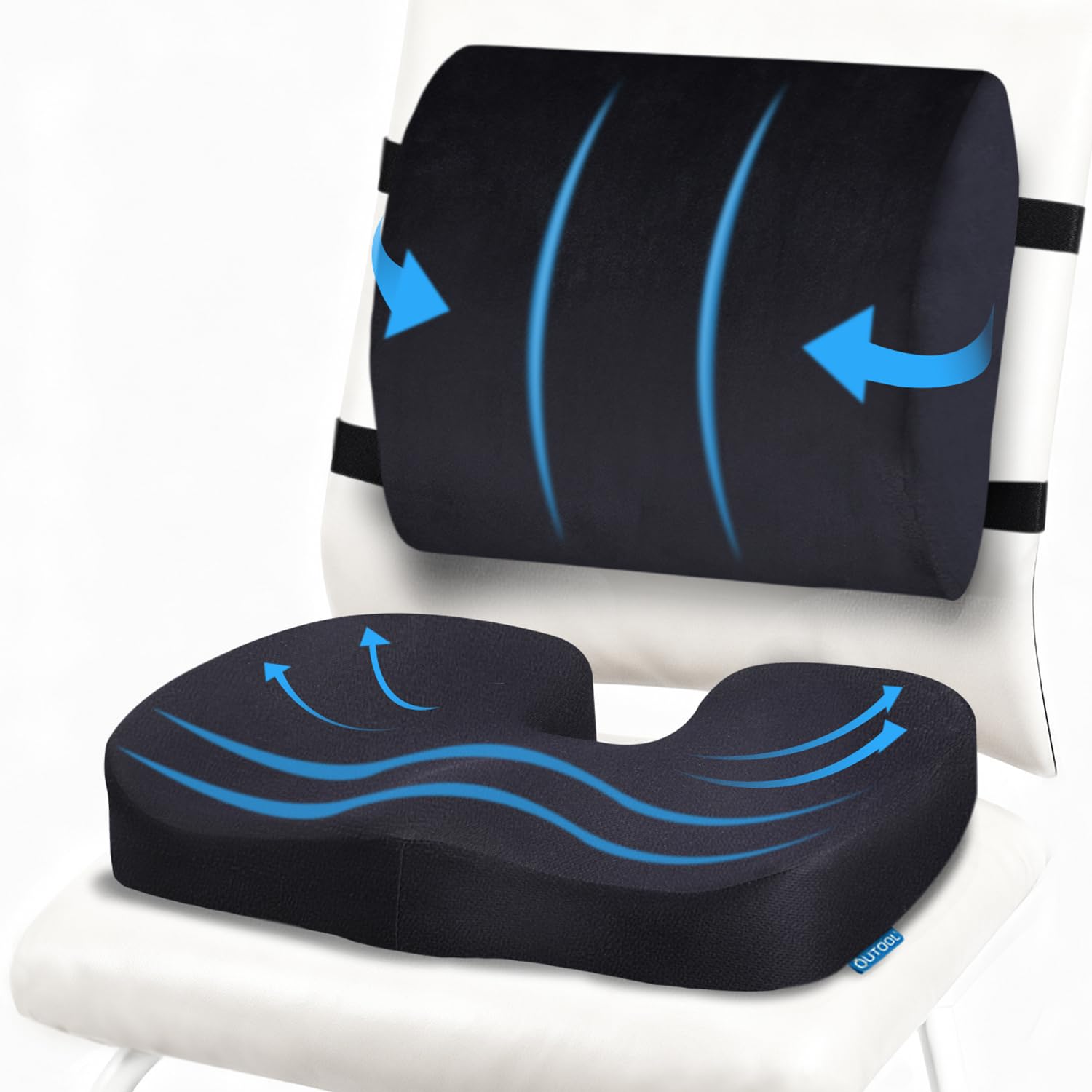 QUTOOL Orthopedic Seat Cushion and Lumbar Support Pillow for Office Chair & Car, Memory Foam with Washable Cover Ergonomic Desk Chair Cushion for Tailbone, Lower Back Pain, Sciatica Relief