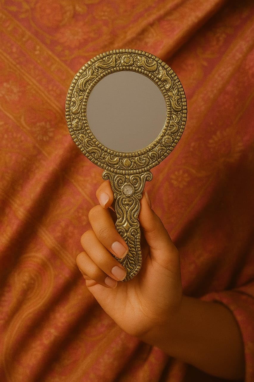 Round Aluminium Vintage Style Hand Mirror with Ornate Gold Frame, 13 cm x 7.5 cm, Red Gemstone Accent-image-43