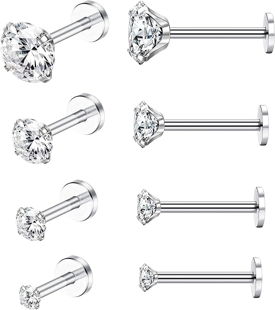 LOLIAS 4 Pairs 16G Stainless Steel Labret Jewelry Stud for Women Men Tragus Piercing Jewelry Stud Earrings 2/3/4/5 MM Cubic Zirconia Opal Monroe Nose Lip Ring Helix Piercing Body Medusa Jewelry