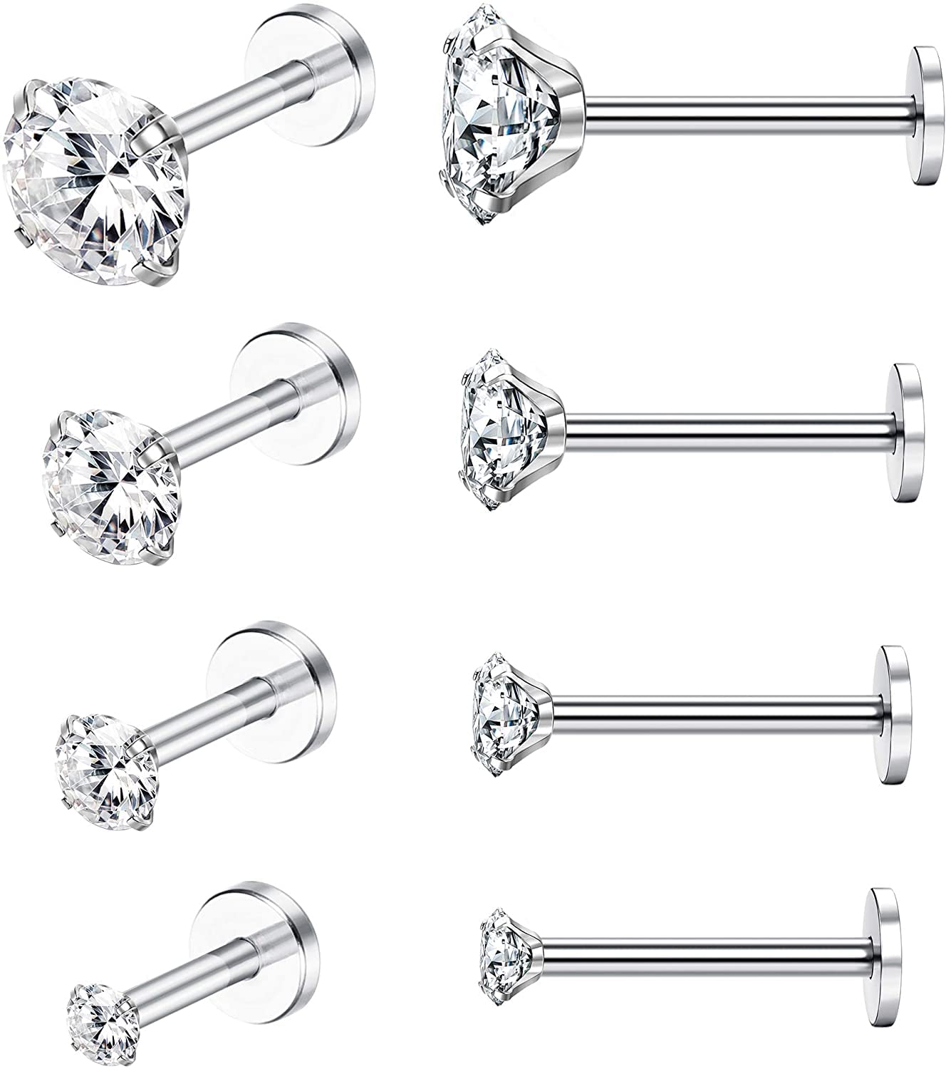 LOLIAS 4 pares 16G Acero Inoxidable Tragus Piercing para Mujeres Hombres Helix Piercing Labio Stud Pendientes Nariz 2/3/4/5 MM Cubic Zirconia Opal Monroe Piercing Oreja Cartilago Joyas