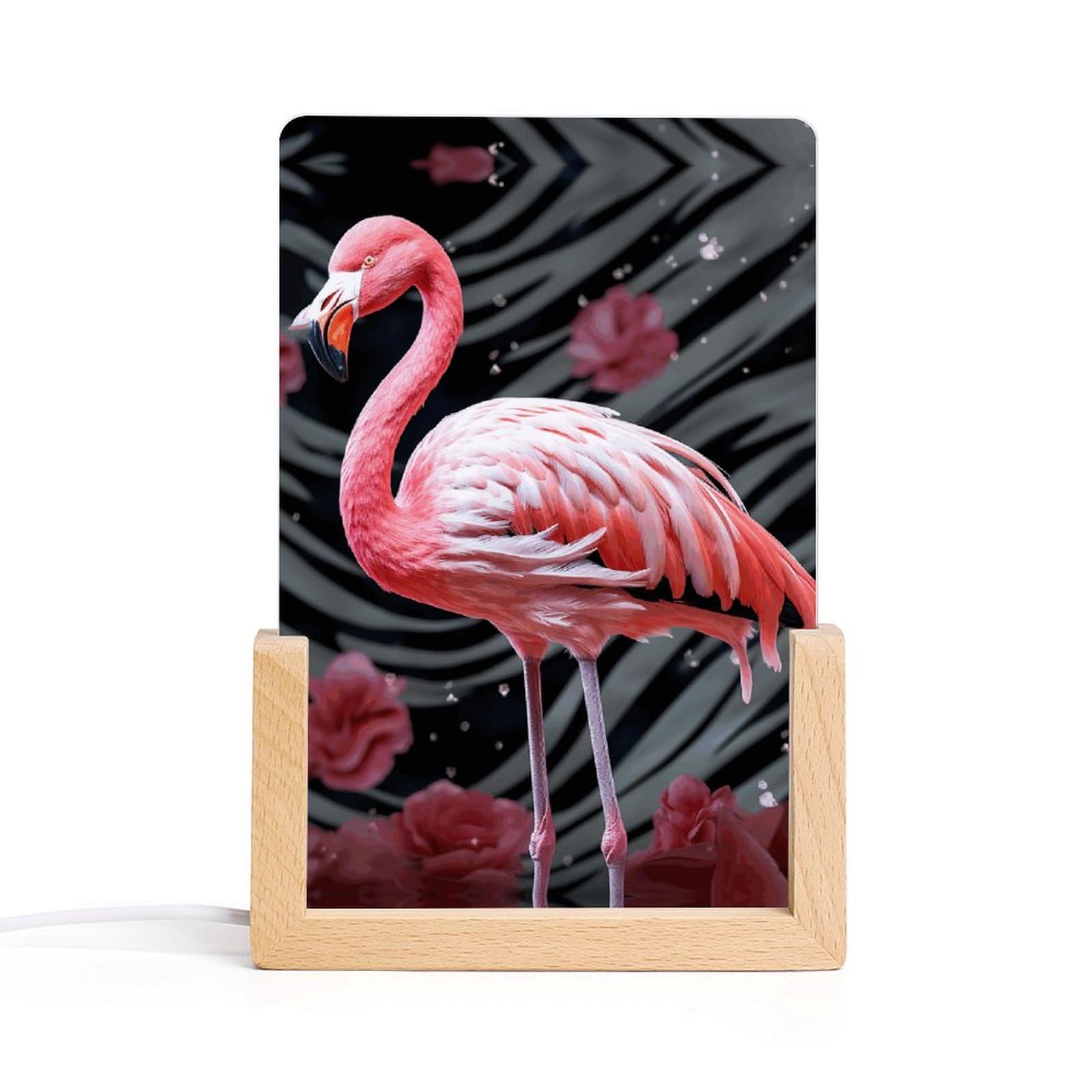 JTREHY Acrylic Night Light,Pink Flamingo Printed Wooden Base LED Night Light Modern Home Decoration Light with USB Switch Cable for Bar Cafe Bedroom Room Decoration