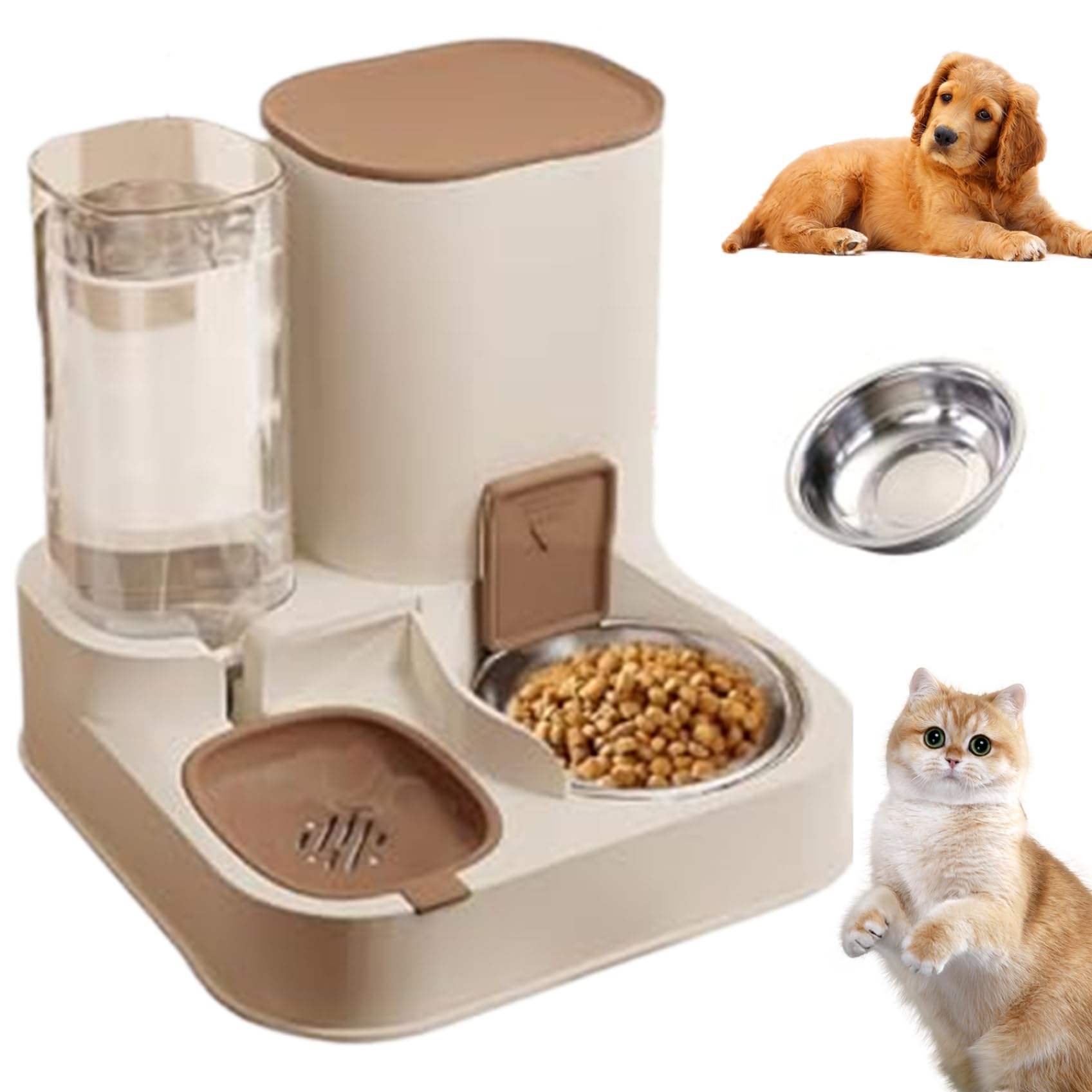 Joygoodta Comedero automático para Gatos 2 en 1, comedero y Agua para Gatos de Acero Inoxidable, dispensador de Gran Capacidad, dispensador Comida para Desmontable para Perros y pequeños (marrón