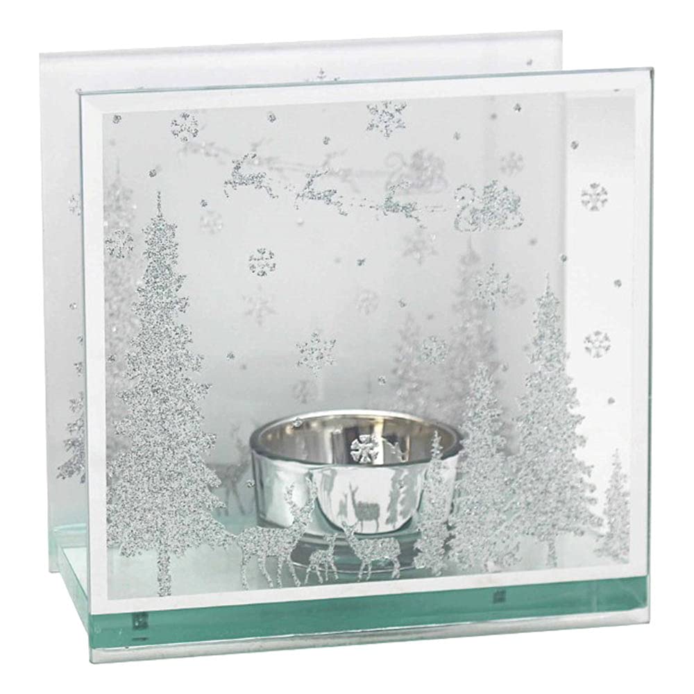The Leonardo Collection Silver Christmas Glitter Woodland Glass Tea Light Holder