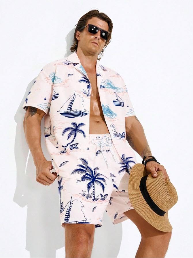 Image of GRECIILOOKS Men's Co Ord Set |Printed Shirt and Shorts Set for Men |Summer Loungewear, Beachwear & Night Suit for Daily Comfort | Nightwear Set for Mens