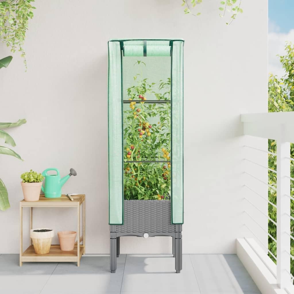 Bancal alto con accesorio de invernadero de aspecto de ratán, 40 x 40 x 140 cm, metal para jardín con accesorio impermeable, para verduras, jardinera, jardinera, jardinera elevada de acero, contenedor