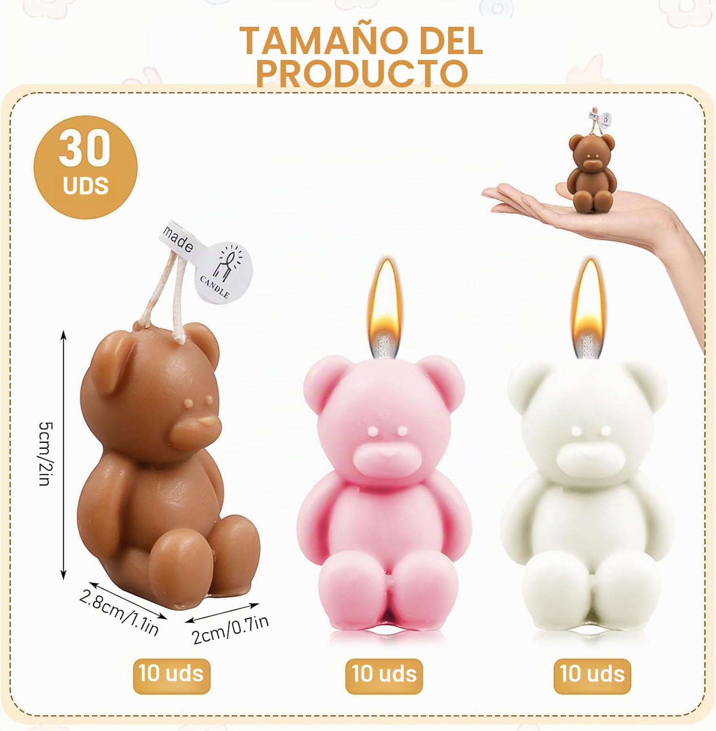 30 velas de regalo para invitados Baby Shower, velas decorativas en forma de oso, regalos de nacimiento, bautizo, cumpleaños, cera de abeja a granel para fiesta y decoración (blanco, rosa, marrón