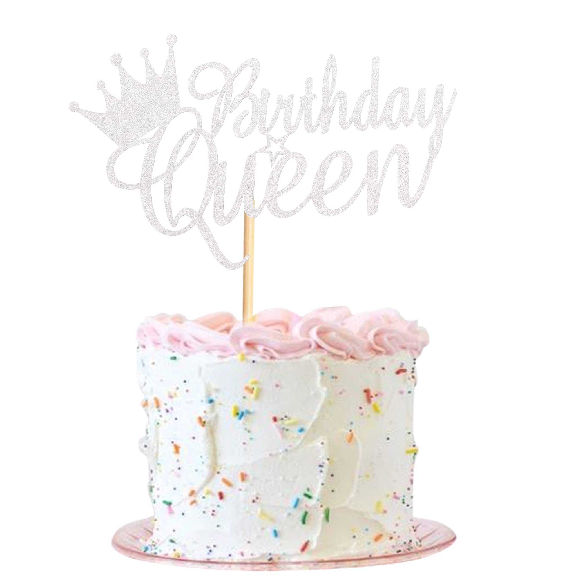 Queen Birthday Cake Topper Happy Birthday Cake Bunting Decor, Birthday Cake Picks Party Decoration Supplies for Lady Girl Women- Silver Glitter