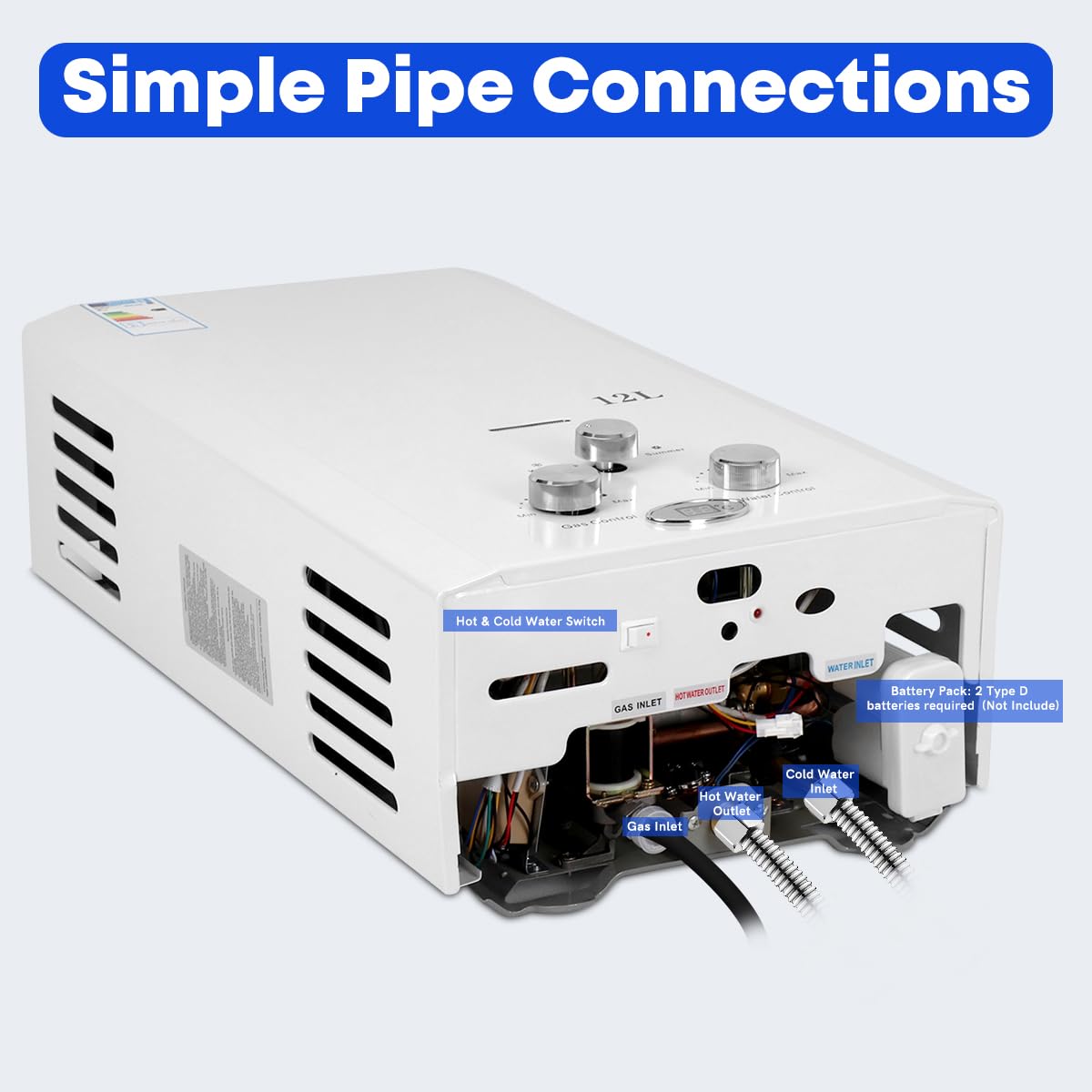 Xverycan Calentador de agua de gas de 12 litros, 24 kW, GLP, propano butano, sin tanque, para uso doméstico, camping, caravanas, cabinas al aire libre, graneros