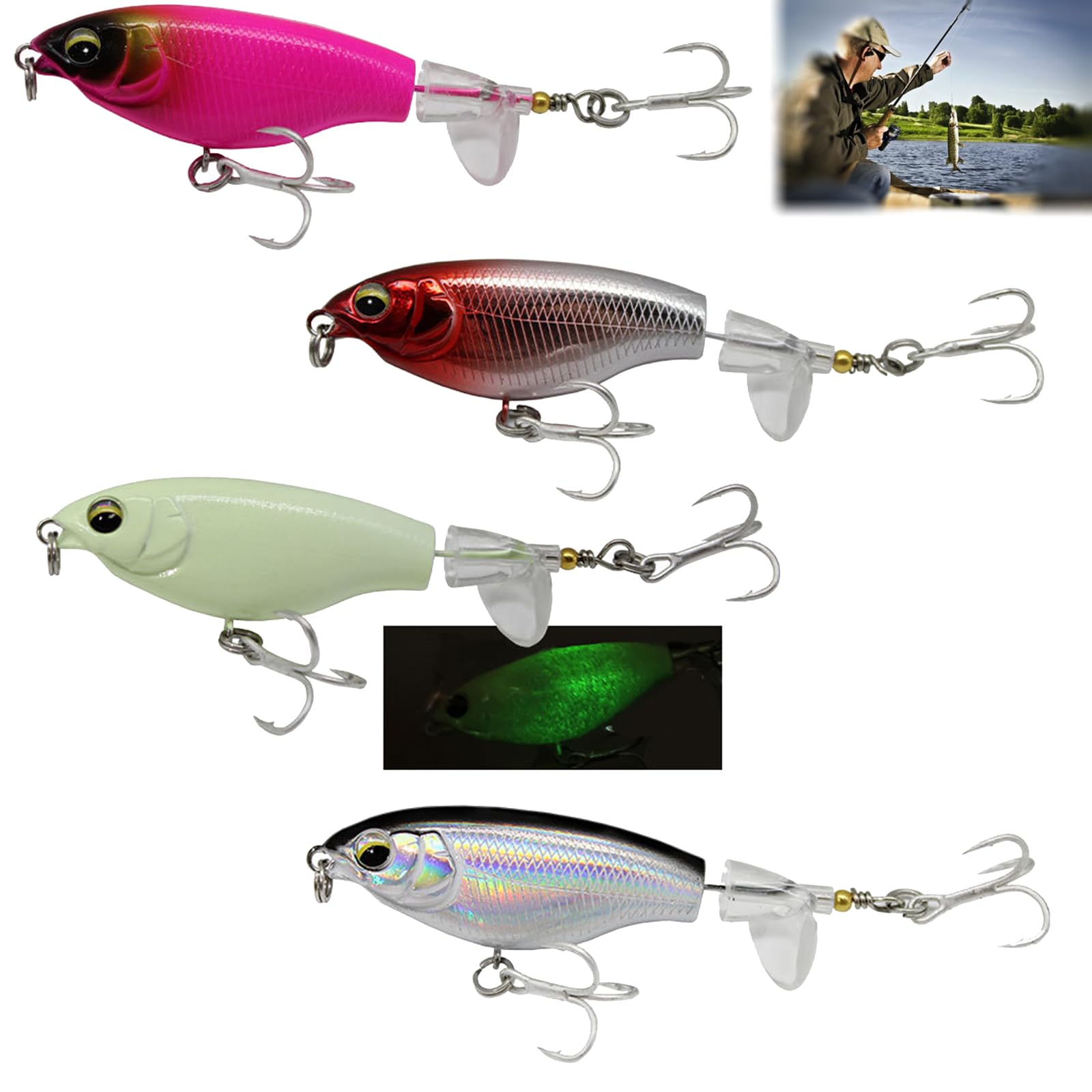 Señuelos Topwater Pesca Trucha Plástico Flotante Cola Giratoria Cebo Duro Agua Dulce Salada