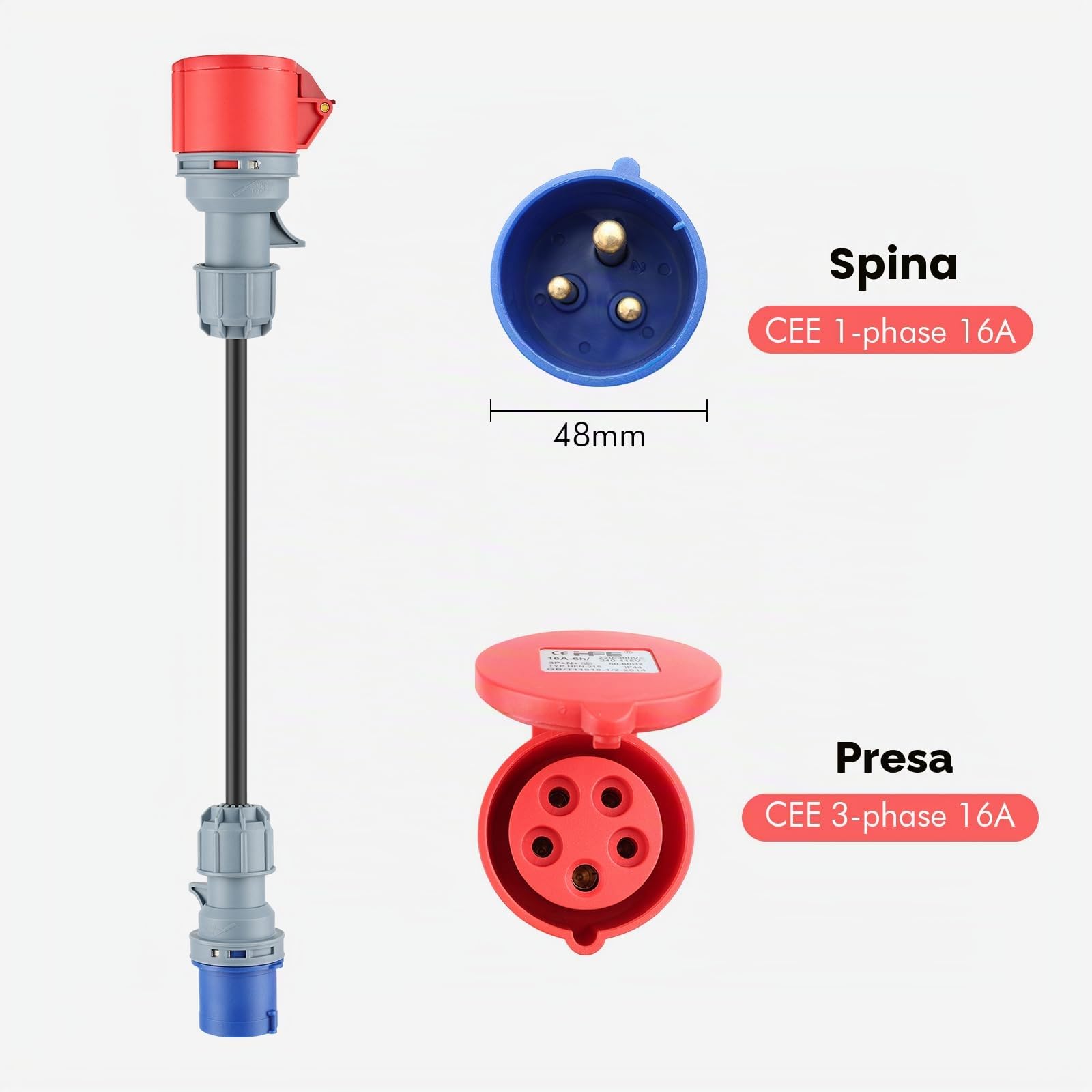 3 adattatori CEE con spina Schuko, set di adattatori CEE 16 A, 5 poli | Per presa CEE rossa 32 A/CEE blu 16 A/230 V, 3 x 2,5 mm² H07RN-F 16 A, set adattatore di corrente da campeggio