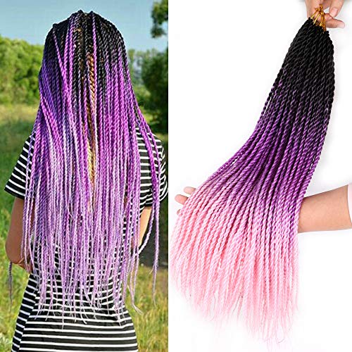 Bellqueen 6packs Senegalese Twist Braids 22 inches High Temperature Fiber Braiding Hair Extensions Black Purple Pink Pre looped Crochet Hair 20Strands/pack(Black Purple Pink,6Packs)