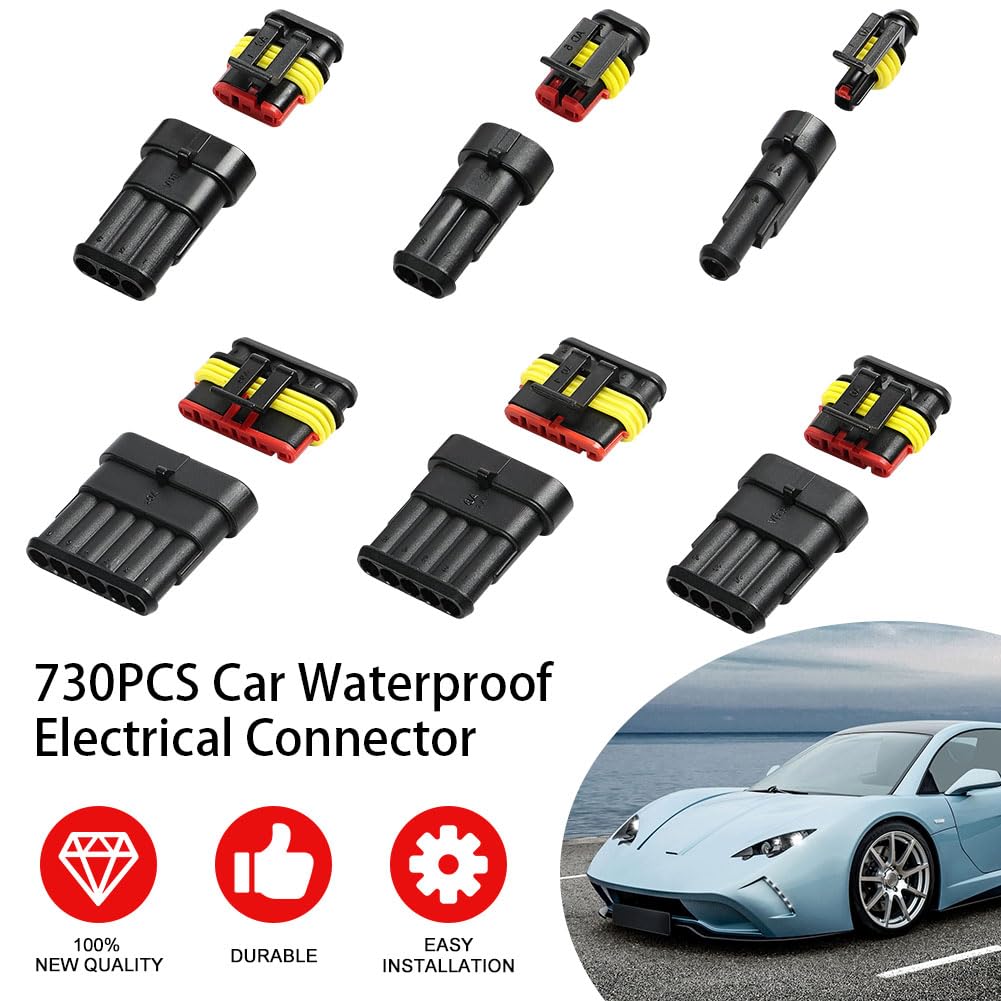 URAQT 730 Piezas Conector Electrico Impermeable para Coche, Conectores Sellado, 1/2/3/4/5/6 Pines Clavija Conector, Kit de Conector para Coche para Coche Scooter Camión Motocicleta Barcos