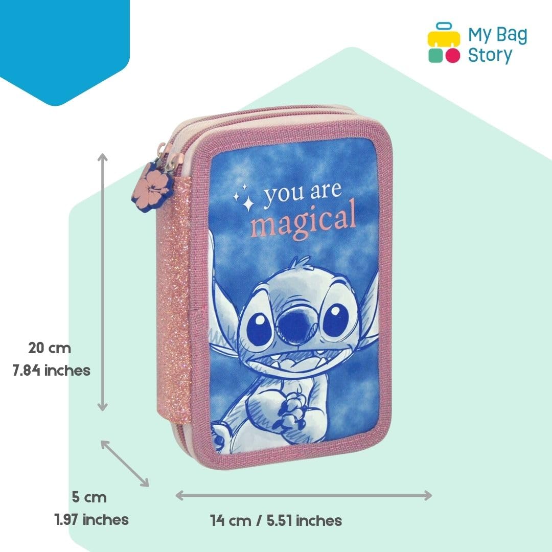 mybagstory - Stitch Filled School Pencil Case 20 x 14 x 5 cm Pencil Case 2 Compartments with Pencils, Felt Tip Pens and Accessories Girl's Hard Pencil Case Primary School - Image 2