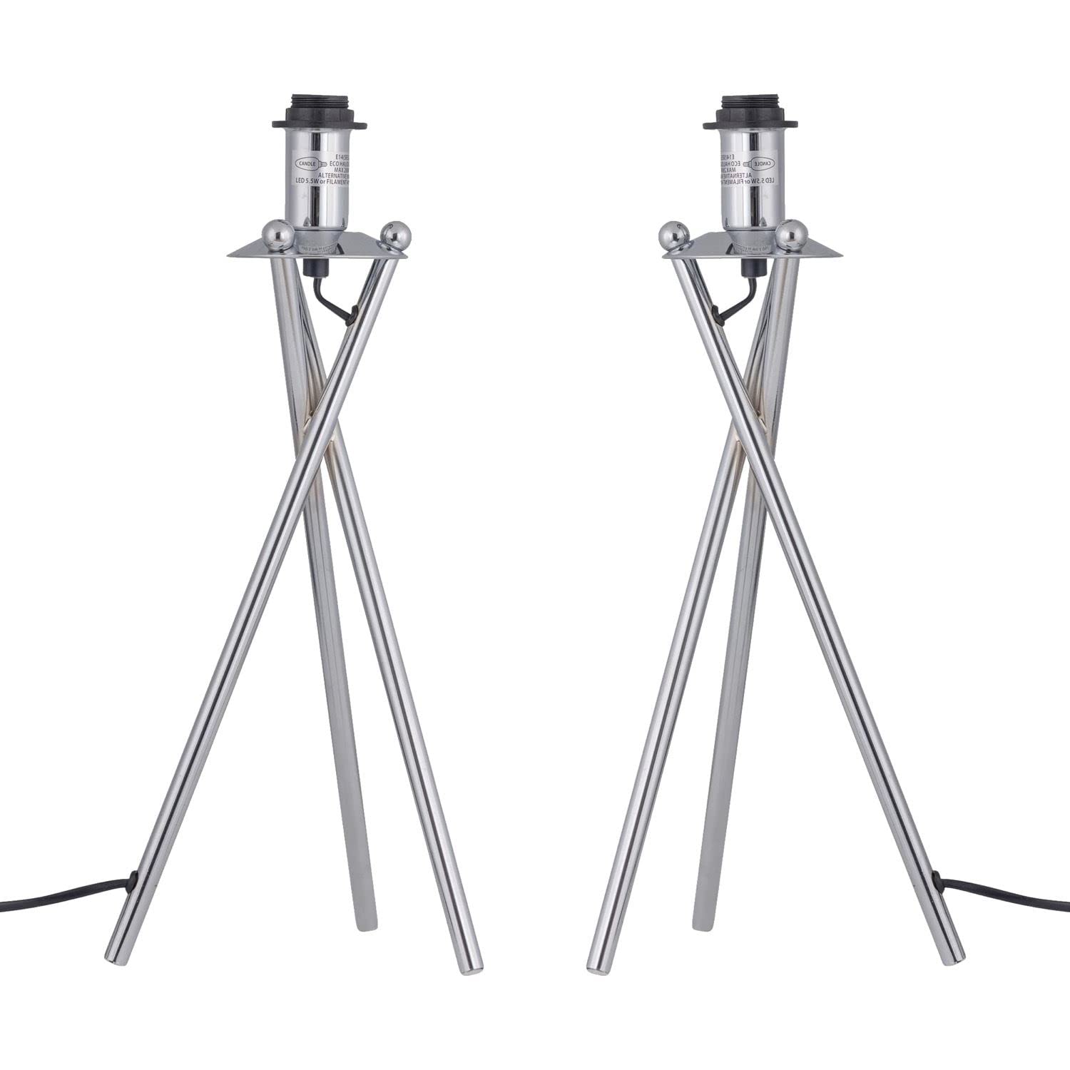 firstchoicelighting Set of 2 Polished Chrome Tripod Table Lamps or Bedside Lights Bases, Modern Design, Height 40cm, Bases Only, LED Compatible