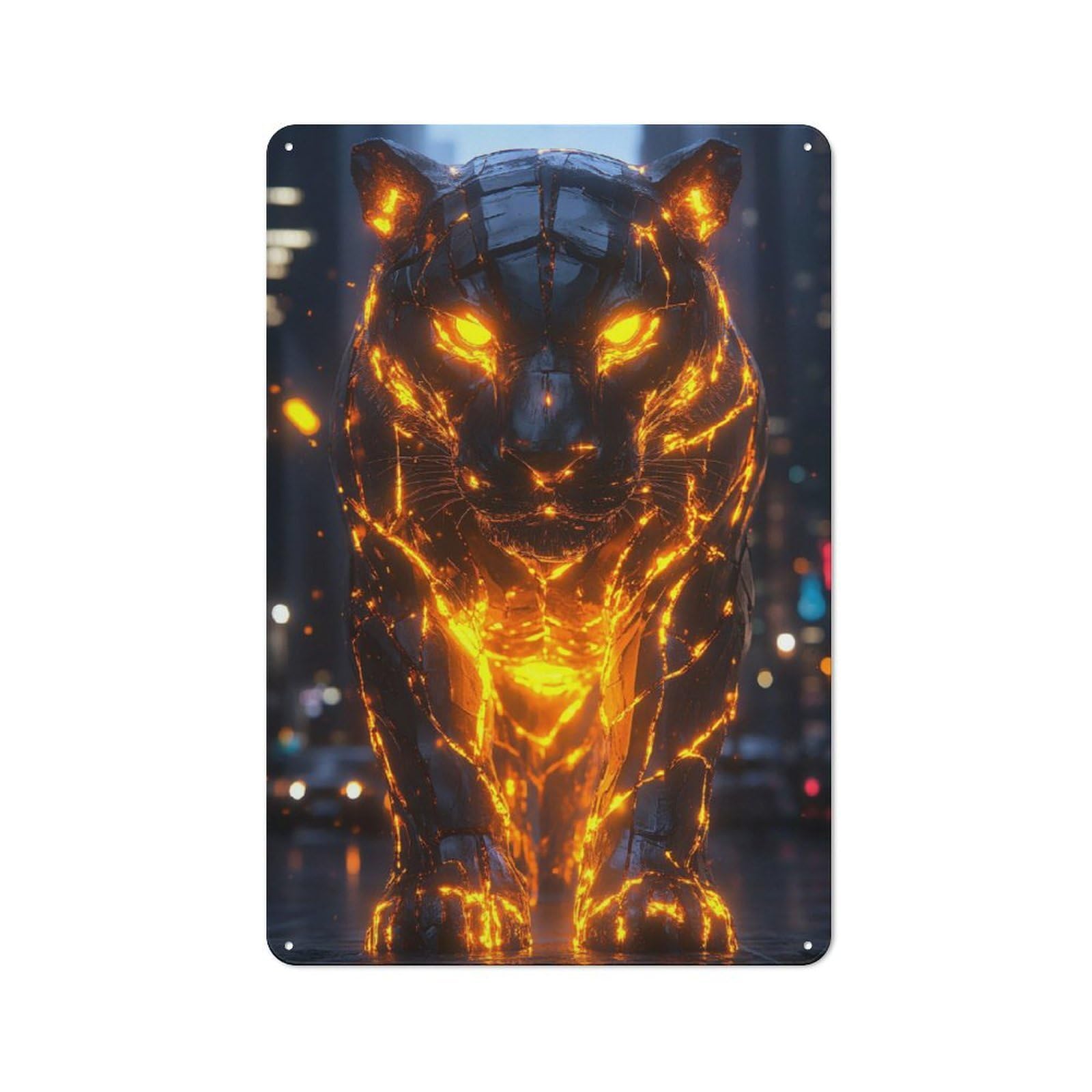 Decorative Metal Sign with Glowing Tiger in Cityscape Design 30x20cm, Cosy Cafe Wall Decor for Kitchen, Cafe, Pantry Or Dining Room