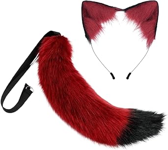 Wolf Fox Ears Tail Set Furry Therian Costume Headband | 2 Pcs Red Black Faux Fur Animal Plush Accessories, Halloween Christmas Party Wear, Festive Outfits Women Men