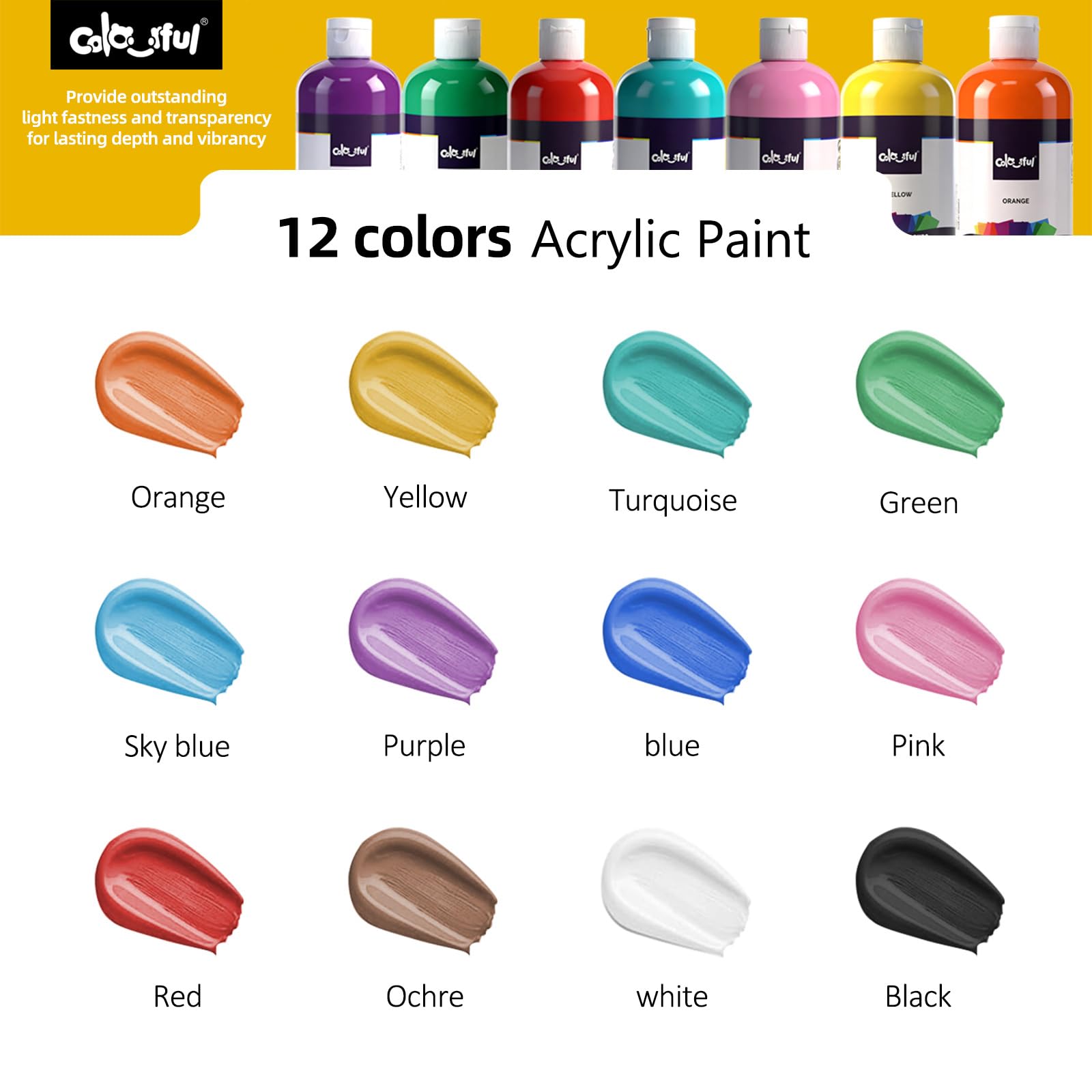 Colorful Artist Basic Acrylic Paint Set, 12 Pack 16.67oz each Art Paint, Non Toxic, Highly Pigment Paints for DIY Crafts & Beginner Artists, Ideal for Multi-surface