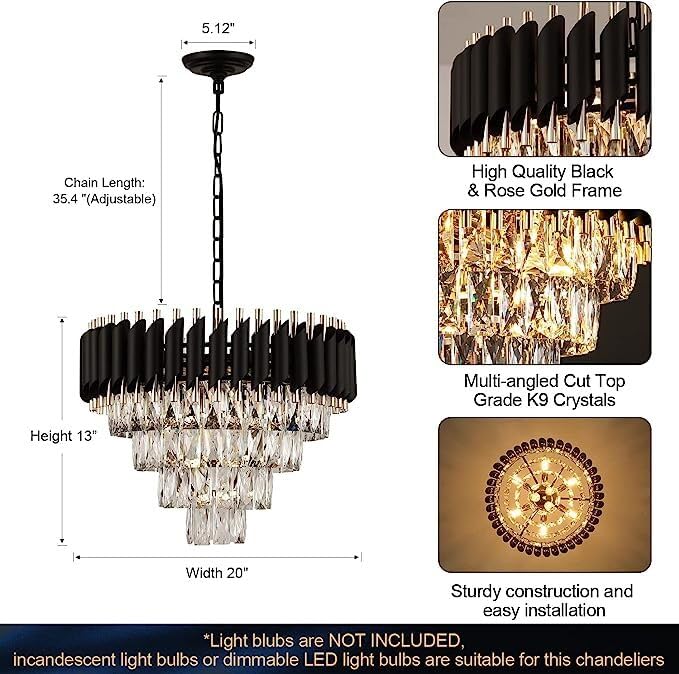 Image of Modern Crystal Chandelier 500mm Black and Gold Round Pendant Ceiling Light Fixture Flush Mount for Dining Room Living Room Bedroom Foyer Hallway Entryway
