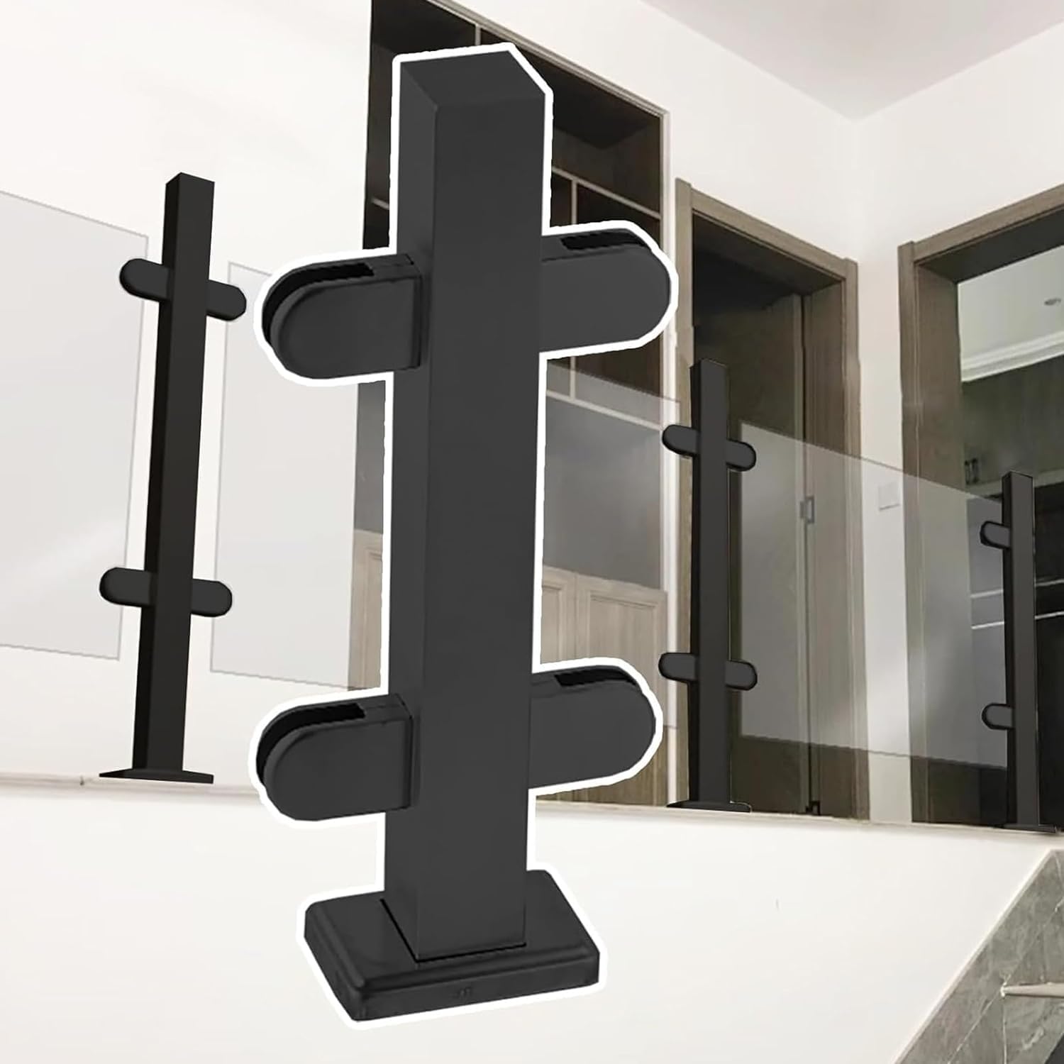 Poste de barandilla de vidrio de metal negro con abrazadera de suelo estable 8