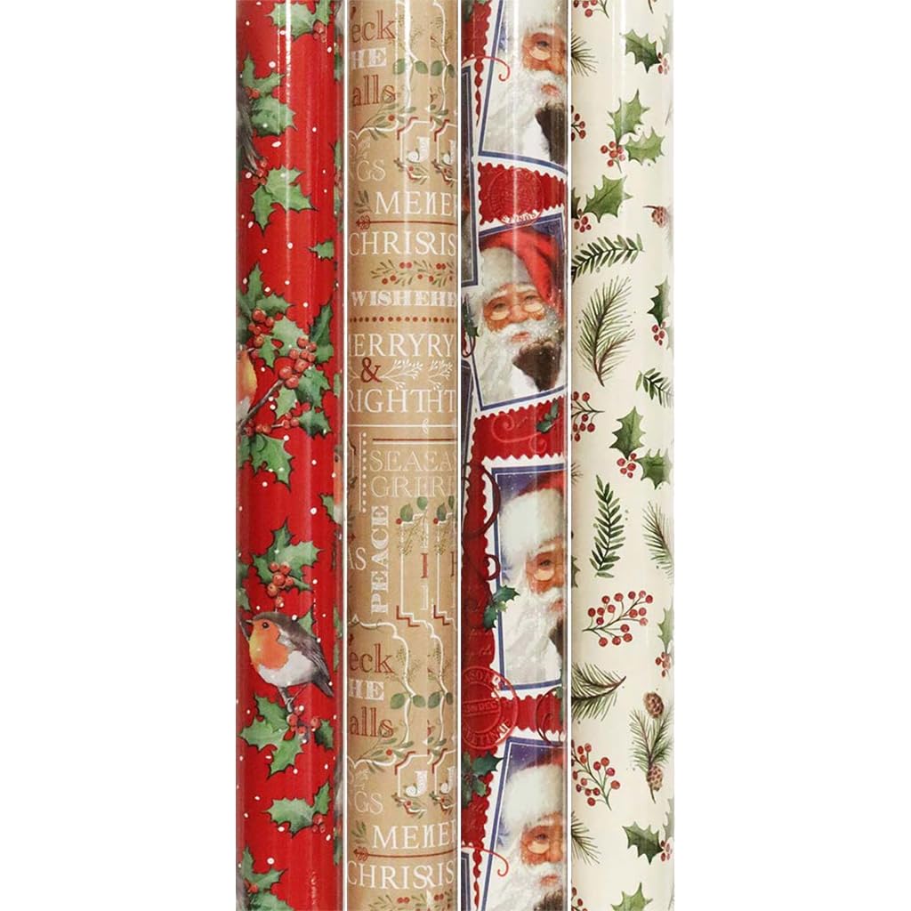 CONCEPT4U® Set of 4 x 7m Traditional Gift Wrap Wrapping Paper Rolls Present Festive Birthday Red Santa Wreath Xmas Tree…