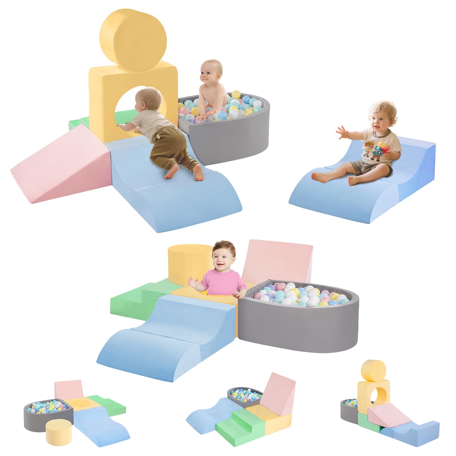 CAMELUS Toddler Climbing Toys Indoor, Baby Foam Climbing Blocks with Ball Pit for 1-3 Years Old, 6-Piece Soft Play Set Climbing Blocks, Climb Crawl Activity Play, Birthday (Balls not Included)