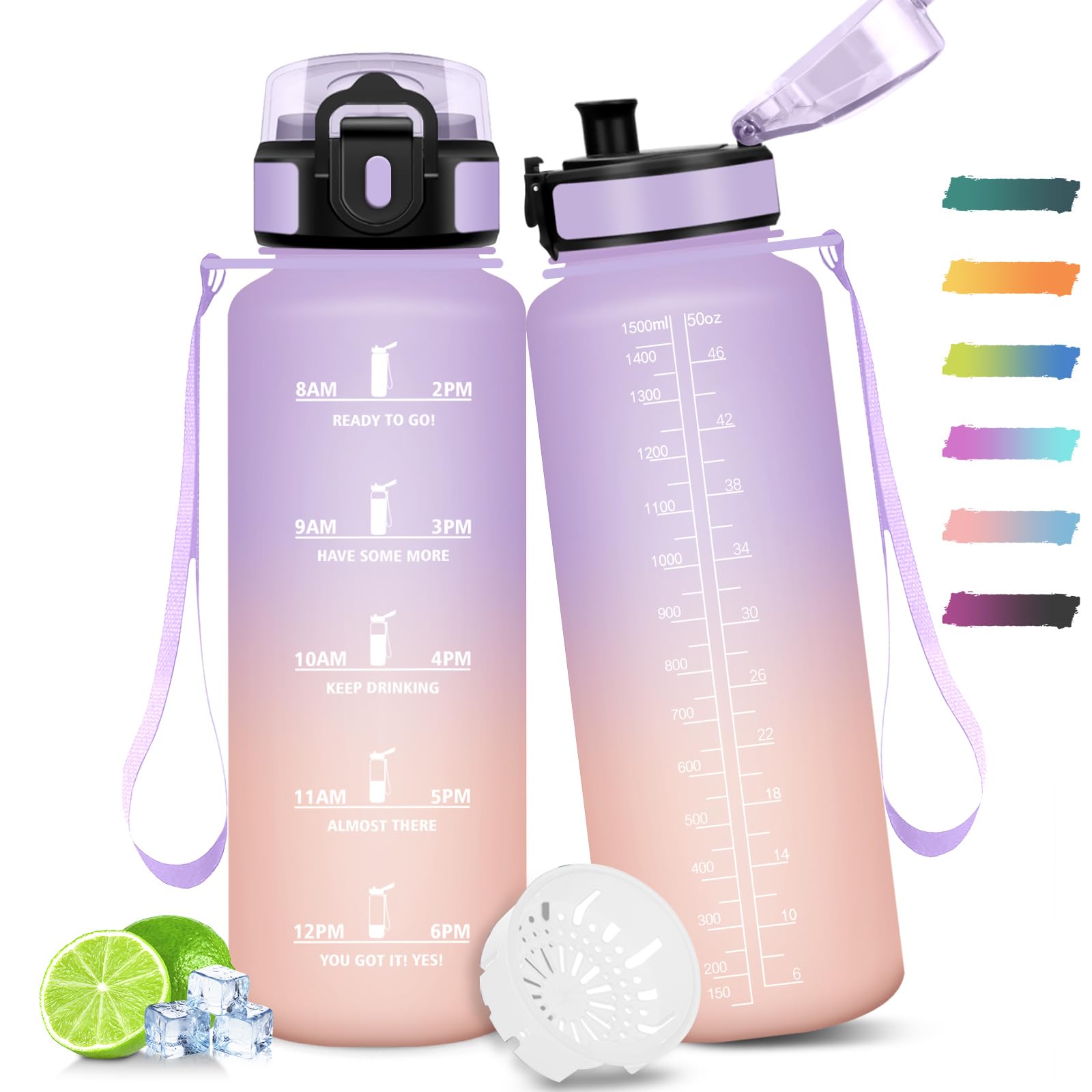 Mulbijeo Trinkflasche, Motivierend und Auslaufsicher, 1,5L, Wasserflasche, Zeitmarkierung, Trinkflasche Sport, Wiederverwendbar, Water Bottle für Fitnessstudio, Arbeit, Camping, Wandern